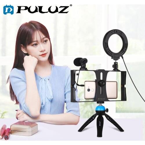 PULUZ 4 in 1 Vlogging Live Broadcast Smartphone Video Rig +4.6 inch LED Selfie Ring Light & Microphone +Tripod Mount+Tripod Head