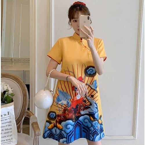 Plus Size M-4Xl Fashion Modern Cheongsam Dress For Women Summer Black Short Sleeve Qipao Traditional Chinese Dress Qipao FF3079