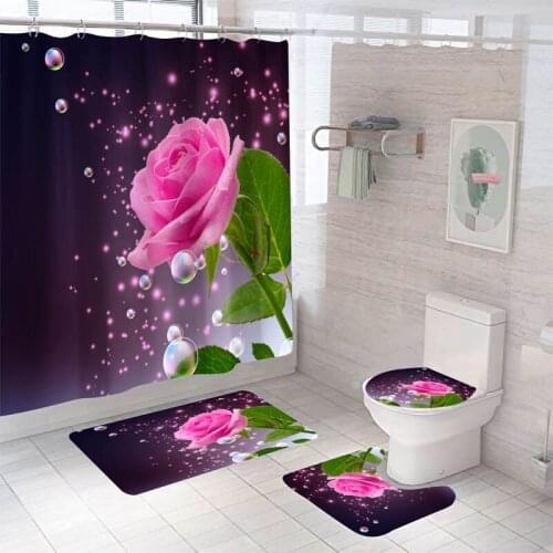 Rose Flower Shower Curtain Sets with Non-Slip Rugs Bath Mat Toilet Lid Cover and 12 Hooks Waterproof Polyester Bathroom Decor