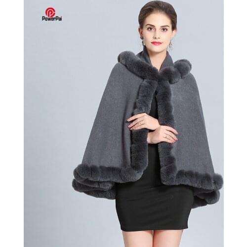 Handcraft Full Trim Rex Rabbit Fur Cape Hooded Shawl Lady Knit Cashmere Cloak Faux Fur Poncho Wraps Coat Female Gift