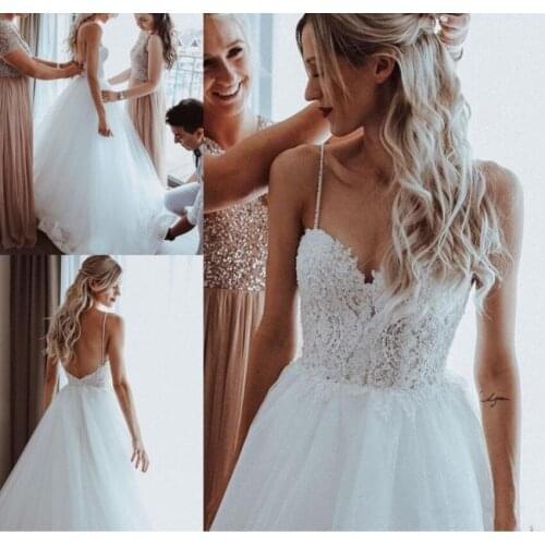 Boho Hochzeit Kleider 2021 Backless Spitze Appliques Perlen Spaghetti-trägern A-Line Strand Brautkleider Robe De Mariee