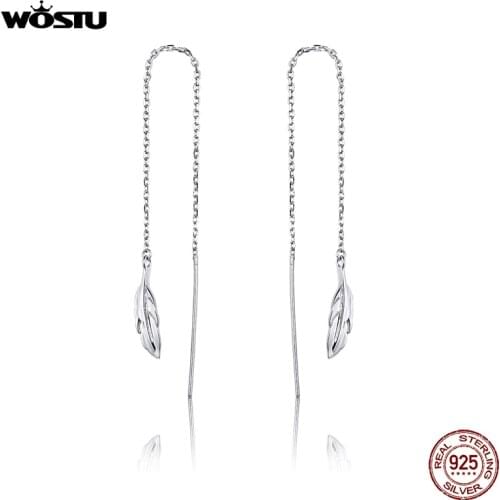 WOSTU 100% Real 925 Sterling Silver Feather Earrings For Women Hot Sale Simple Design Mysterious Feathers Earrings Wedding Gift