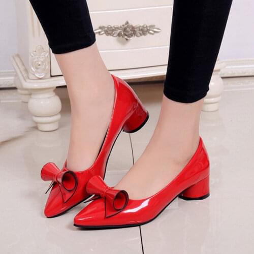 Women Sweet Bow Pumps Low Cute Shoes Pointy Toe Square Heels 4cm Patent Leather Shiny Candy Colors Annual Promotion 1111 Purple