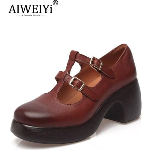 AIWEIYi Thick High Heels Shoes Female Spring Autumn Lolita Platform Mary Jane Shoes Female Retro Buckle Strap Platform Pumps