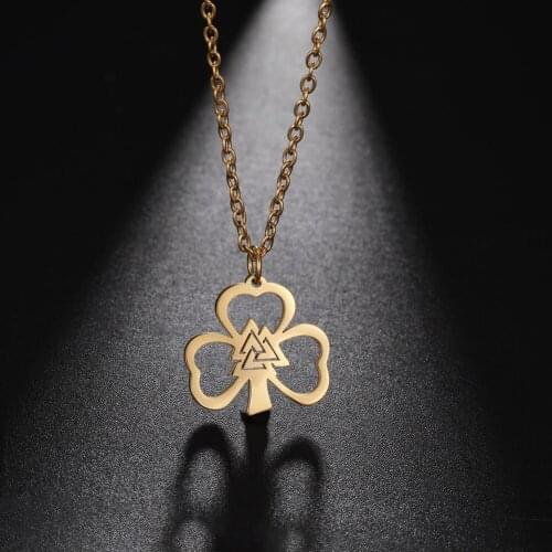 Skyrim Lucky Clover Pendant Necklace for Women Stainless Steel Gold Color Chain on the Neck Viking Valknut Jewelry Gift