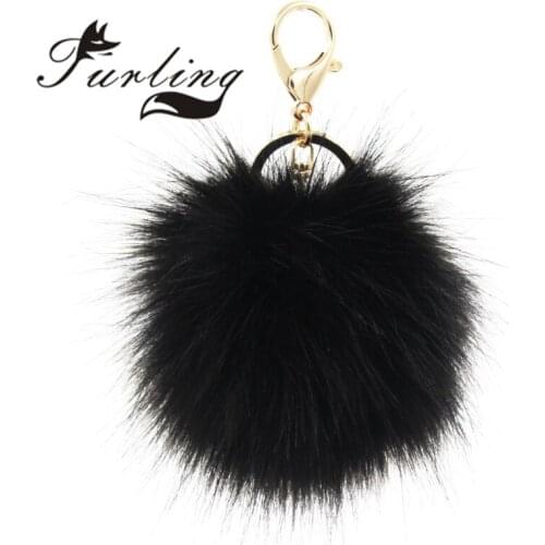 Furling 1PC Gold PlatingKeychain with 10cm Faux fur Pom Poms Women Hand Bag Charms KeyChain Accessories