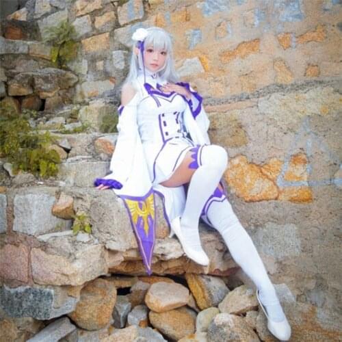 Anime Re Life In A Different World From Zero Emilia Cosplay Costume Set Dress Headwear Elf Ears Socks Suit Props