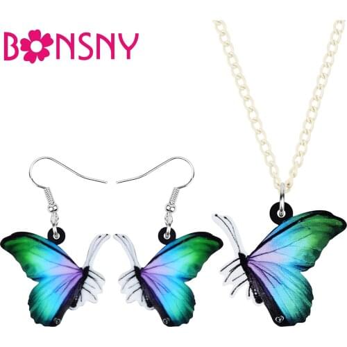 Bonsny Acrylic Green Morpho Butterfly Jewelry Sets Earrings Necklace Insect Animal Jewelry For Women Girls Spring Classic Gifts