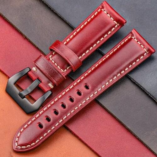 Genuine Leather Watchband Bracelet 20 22 24 26mm Women Men Oil Wax Cowhide Blue Green Red Brown Wach Band Strap Steel Buckle