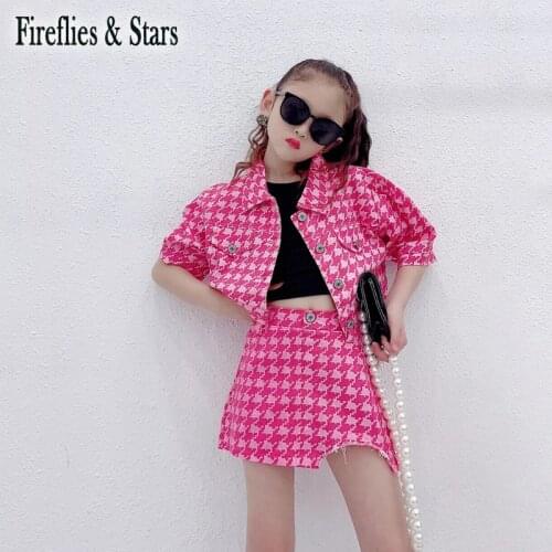 Summer Girls 2 Pcs Set Jacket + Skirt Kids Denim Suit Children Denim Clothes Fashion Pink Grid Check Print Irregular 4 To 12 Yrs