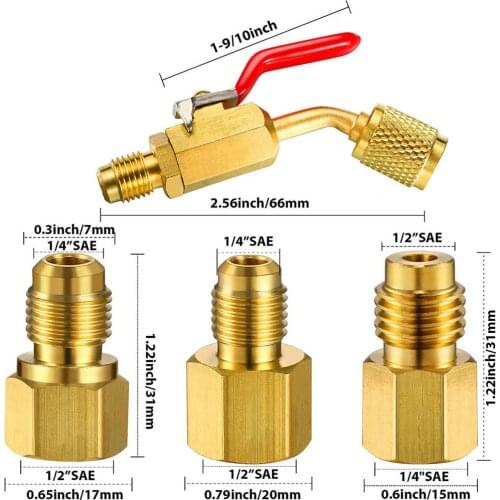 6 Pcs Air Conditioning Refrigerant Angled Compact Ball Valve 1/4 Inch For R410A R134A R12 R22 AC HVAC Charging Hoses Manifolds