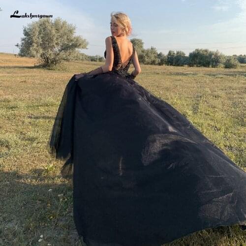 Lakshmigown Classic Bridal Sexy Gothic Black Wedding Dress High Split 2021 Luxury Tulle Mariage V-neck Lace Wedding Gowns