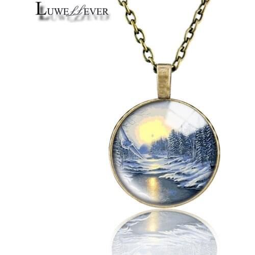 Ice Snow Necklace 659 25mm Bronze 30mm Wood Rhinestone Double-sided Moon Round Glass Pendant For Women Gift