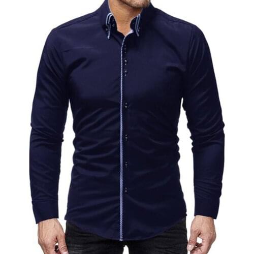 Men Shirts Solid Color Long Sleeve Plaid Cuff Collar Turn Down Collar Buttons Cotton Slim Business Shirt Plus Size