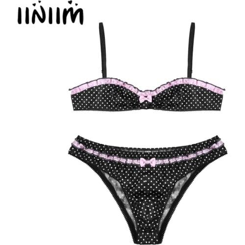 Mens Male Sissy Lingerie Sets Polka Dot Exotic Apparel Sleepwear Ruffles Bra Top with Jockstraps Pouch Briefs Underwear