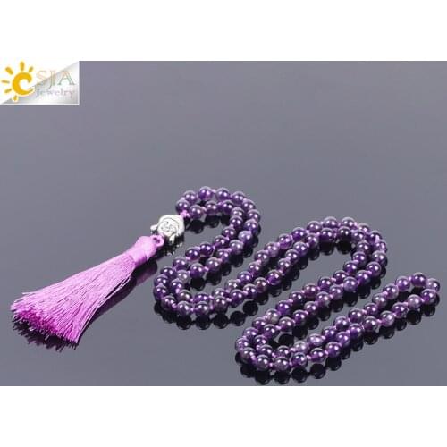 CSJA Natural Amethystine Purple Crystal Quartz Tassel Necklaces Round Gem Rosary 108 Mala Beads Buddha Meditation Casual F171