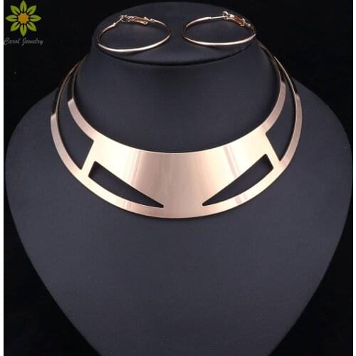 Punk Rock Gold Color Tone Curved Mirrored Alloy Metal Statement Collar Necklace Earrings Sets