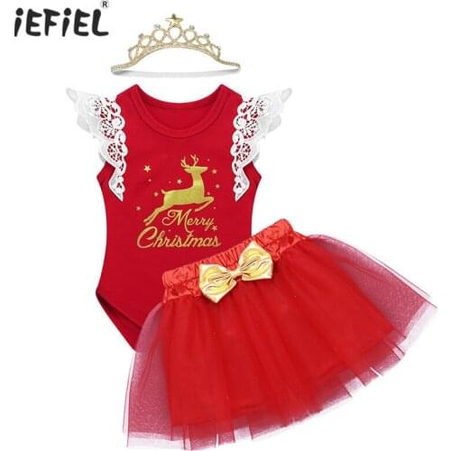 Newborn Baby Girls Xmas Christmas Outfit Baby Girl Clothes Flying Sleeves Deer Merry Christmas Romper with Tutu Skirt Headband