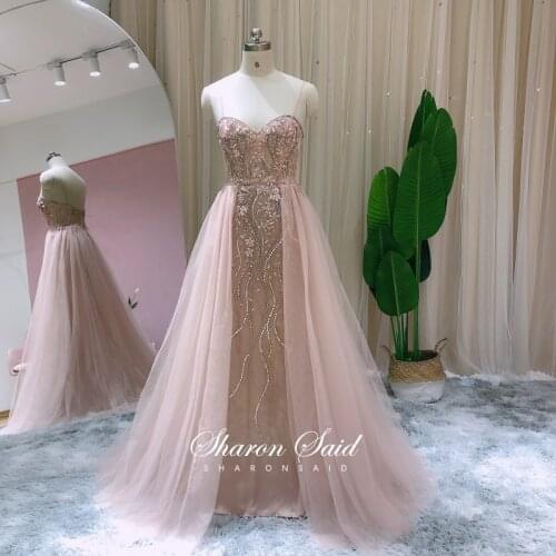 Blush Pink Dubai Evening Dresses Long Luxury Wedding Party Gown 2021 Sexy Spaghetti Straps Beads Overskirt Graduation Prom Dress