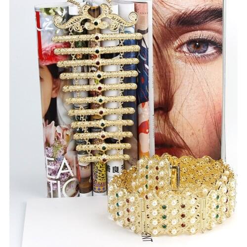 Sunspicems Caucasus Pearl Belt Breastplate Sets for Women Metal Link Adjustable Length Chain Gold Silver Color Wedding Jewelry