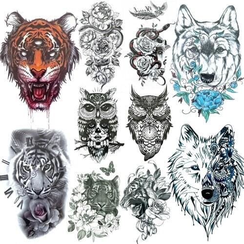 Snake Wolf Tiger Owl Tatoo Sticker 3D Black Animal Tattoo For Men Women Kids Hot Sale Monster Flower Disposable Temporary Tattoo