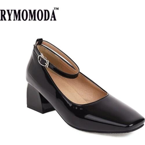 Womens Shoes 2021 Fashion OL Pump Heels Ladies Dress Shoes for Student 5cm Square Heel Patent Leather Lolita Plus Size 44 45 46