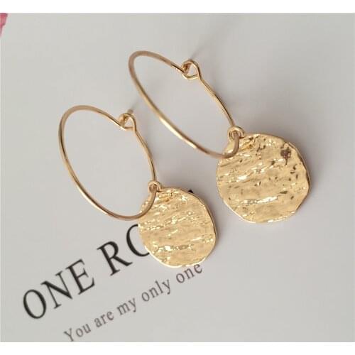 New Trend Waterwave Effect Hammered Gold Color Plating Rough Round Disc Charm Hoop Earrings For Women Casual Basic Jewelry
