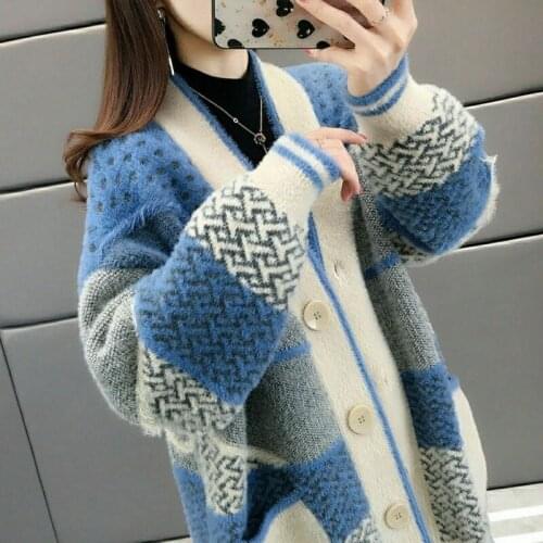 Mink Fur Women Knitted Cardigans Sweater Fashion Autumn Long Sleeve Loose Coat Casual Button Thick V Neck Solid Female Tops