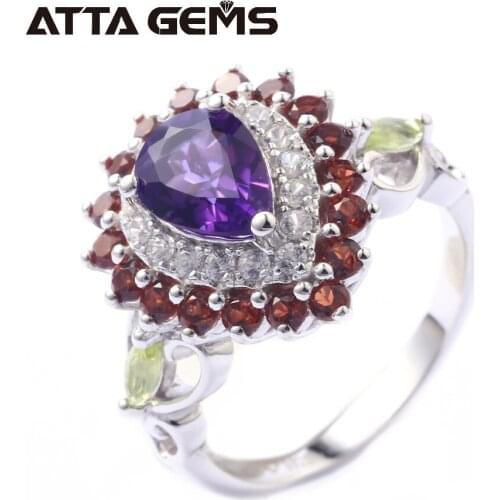 Natural Amethyst Sterling Silver Womens Ring Natural Garnet Crystal Jewelry Brand Colorful Gemstone Romantic Style for Women