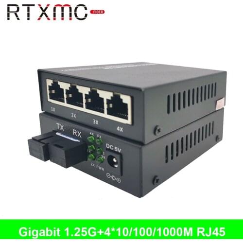 2PCS 20KM Gigabit 4 Port Fiber optic gigabit ethernet switch Single Mode Single Fiber Media Transceiver