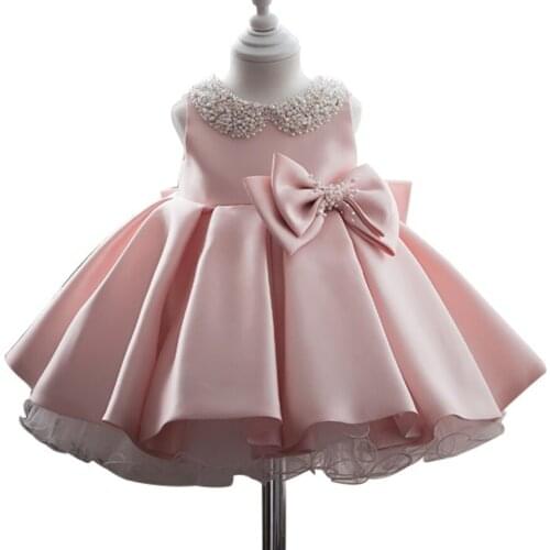 Satin Bead Bow ball gown Princess Dress White Wedding Tutu Dress Birthday Evening Party Dress Baby Dress for Girl Clothes