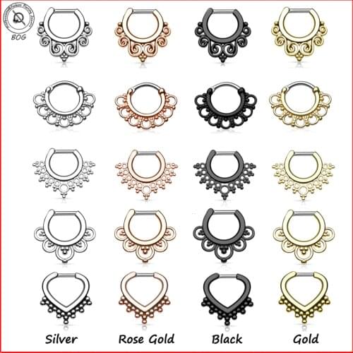 BOG-Assorted 5 Pieces Designs Tribal Fan Titanium Septum Clicker Nose Piercing Ring Jewerly 16g