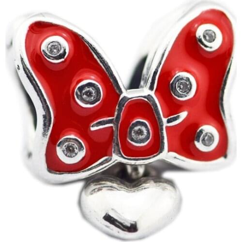 Red Enamel Bow & Heart Beads for Women Chain Bracelets DIY Silver 925 Jewelry Fine Charm Beads for Jewelry Making Famous Cartoon