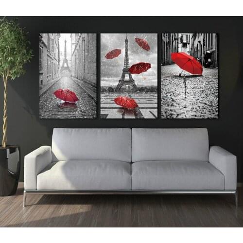 Black and White Tower with Red Umbrella on Paris Street Modular Wall Paintings Art Canvas Painting Posters Home Decor