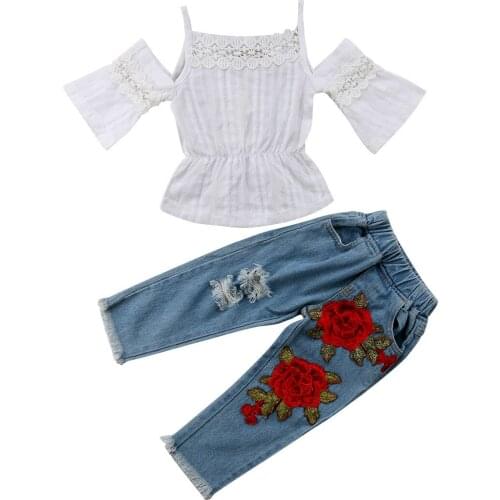 Toddler Infant Kids Girl Lace Off Shoulder Tops Embroidery Flower Denim Pants Jeans 2Pcs Outfits Set Clothes 1-6T