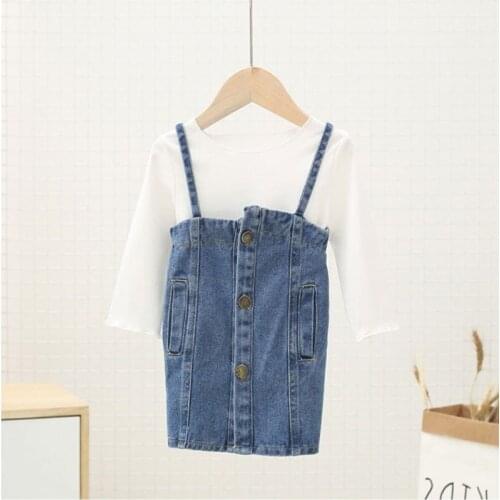 Denim Dress Girl Clothing Set Dresses with T-Shirt 2021 Autumn Girl Prinecess White T-Shirt with Denim Dresses Girl