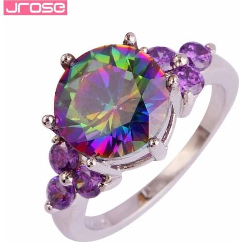 JROSE Super Wholesale Fashion Round Cut Dazzling Fire Rainbow & Purple Cubic Zirconia Silver Ring Size 6 7 8 9 10 11 12