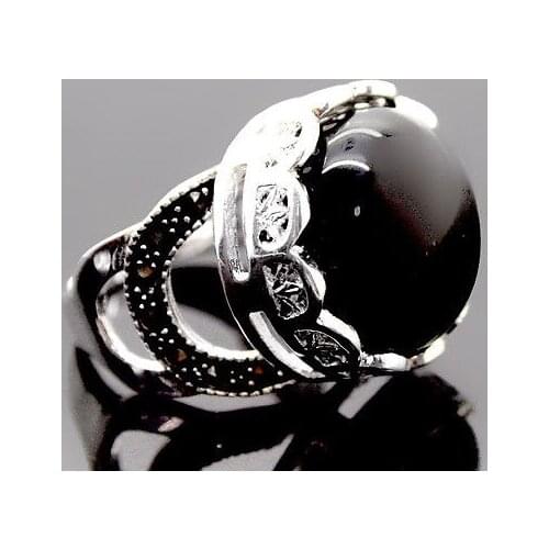 11*24mm 925 Sterling Silver Natural Chunky Black Natural jade Gems Marcasite Ring Size 7/8/9/10
