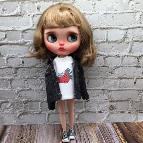 Cute White Sleeve Printing T-shirt Skirt for blyth Azone OB24 Barbies Dress 1/6 Doll Accessories Clothing