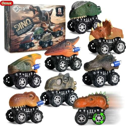 Oenux Jurassic Dinosaur Model Mini Pull Back Car Toy for Children Simulation Animals Model T-Rex Predator Vehicle Truck Kid Gift