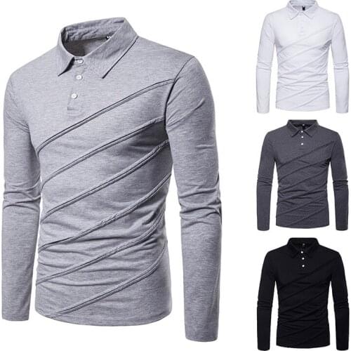 Mens T-Shirt Long Sleeve Turn Down Collar Solid Color Pullover POLO Shirt Casual Slim Type Patchwork Tops