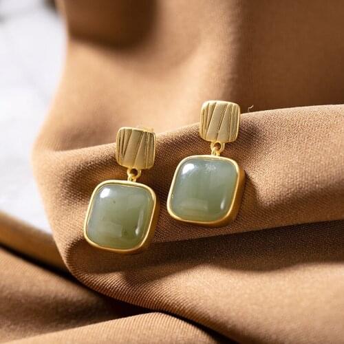 Natural 925 sterling silver gilded inlaid hetian jade white jade cyan jade retro earrings jewelry simple individuality for women