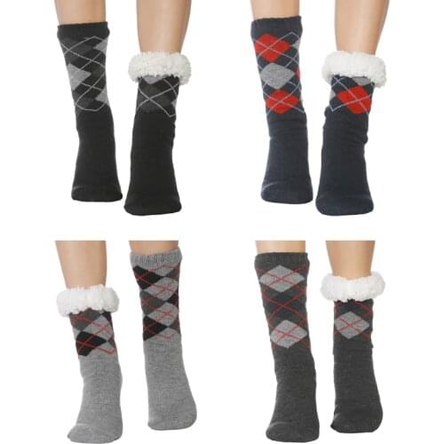 FRALOSHA New4Pair Long Floor Man Socks Home Slipper Mans Winter Warm Fuzzy Anti-Skid Lined Indoor Floor Slipper Christmas Socks