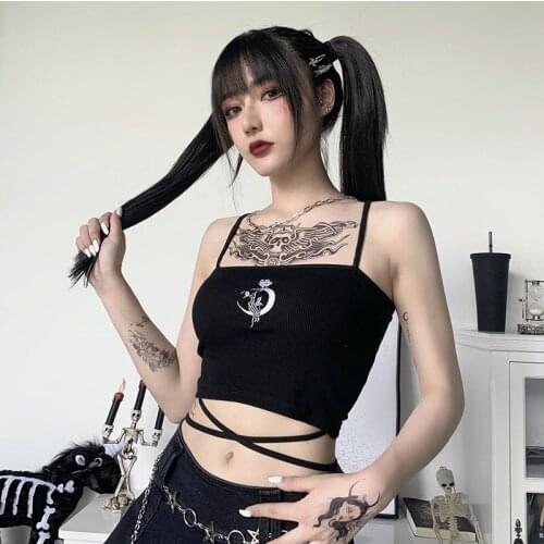 2021 New Dark Style Sexy Slim Backless Printed Camisole Women Ins Lace Embroidered Tops Women Trendy