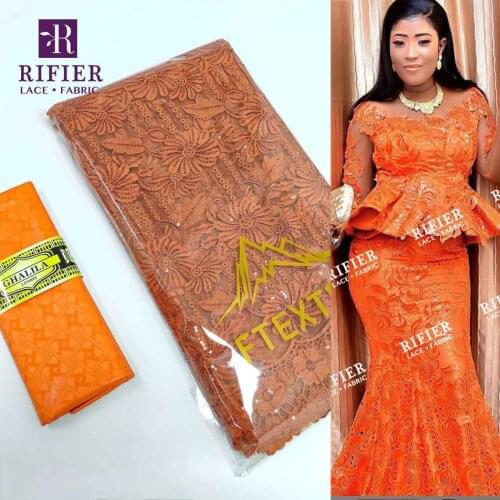 Orange 2.5+2.5 Yards Sequined Net Lace And Original Bazin Riche Fabric For French Elegant Lady Party Dresses Net Lace Fabrics