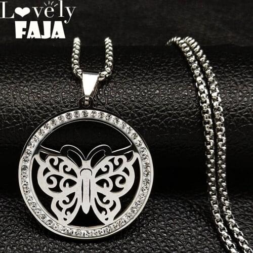 2021 Butterfly Crystal Stainless Steel Necklace for Women Silver Color Chain Necklace Jewelry acero inoxidable joyeria N18585