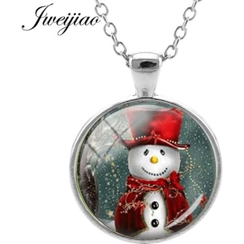 JWEIJIAO Christmas Tree Snowman Elk Deer Necklace Art Picture 25mm Glass Cabochon Dome Pendant Necklace Charms Gift B11