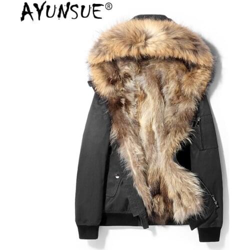 AYUNSUE Real Fur Coat Men Parka Short Winter Jacket for Men Natural Raccoon Fur Collar Warm Luxury Coats Abrigo Hombre M18C0544
