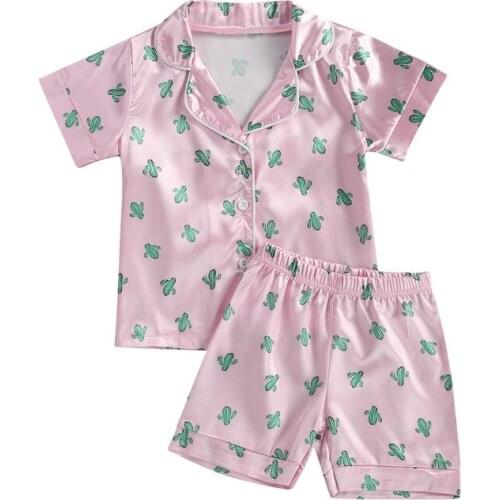 Kids Two Piece Pajamas Childrens Leisure Printed Lapel Collar Short Sleeve Shirt Elastic Waist Shorts