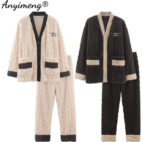 Fashion Leisure Winter Thick Pajamas for Couple Warm Pajama Set for Men Preppy Pjs for Women Cardigan Pijama Good Quality Pijama